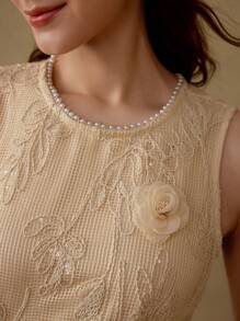 MOTF PREMIUM EMBROIDERY FAUX PEARL TRIM DRESS - Apricot - View 2