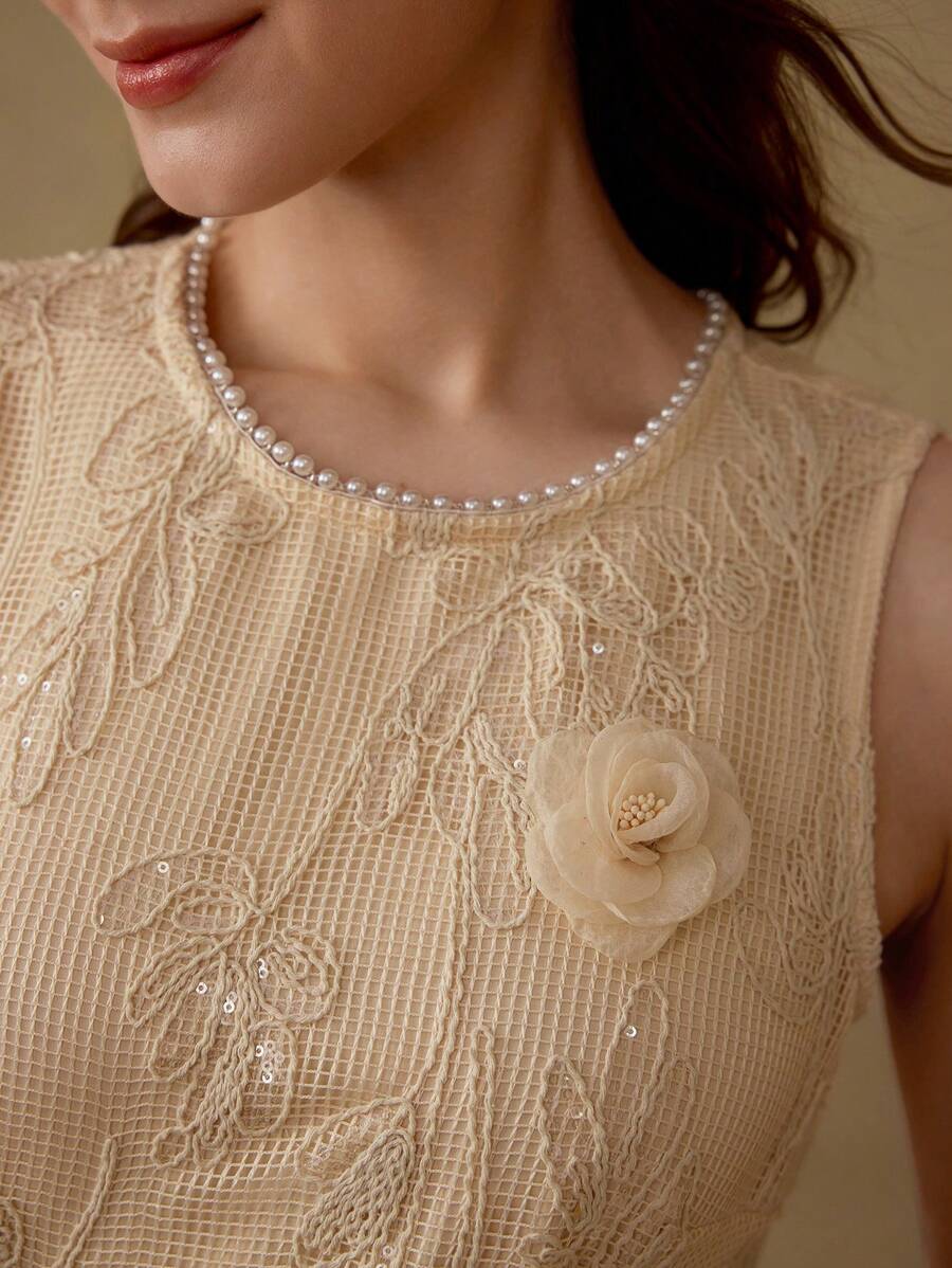 MOTF PREMIUM EMBROIDERY FAUX PEARL TRIM DRESS - Apricot - View 2