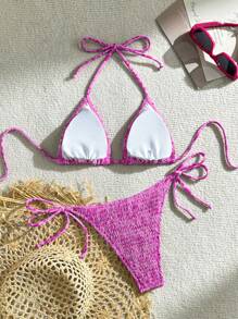 Swim Vcay Conjunto de bikini con cuello de halter para mujer, ideal para el verano y la playa - Morado - Ver 2