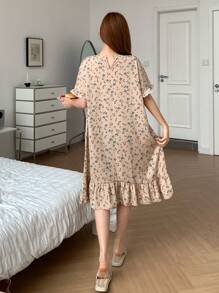 Camisón informal holgado para adolescentes con cuello redondo, encaje y estampado floral menudo