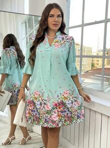 SHEIN Clasi Plus Size Long Sleeve Dress, Fashion Suitable For Summer - Mint Green - View 3