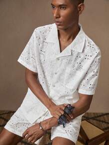 AKNOTIC X Nawaf Alabid 2pcs/Set Men Jacquard Woven Casual Loose Short Sleeve Collared Shirt & Elastic Waist Straight Leg Shorts Suit, Suitable For Summer, Vacation, Daily Wear, Party, Couples, Gifts - Mocha Brown - View 2