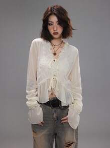 Coolane Women's Spring/Summer Date Night Concert Streetwear Textured Pleated Ruffle Blouses - Apricot - View 6