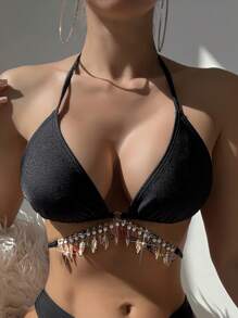 SHEIN Swim Top triangolare sexy e alla moda di colore unito per l'estate e le vacanze al mare, abbinato a un top bikini con pendente a catena metallica colorata di alta qualità - nero - Visualizzare 6