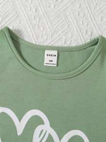 SHEIN 2pcs/Set Young Girl Mother's Day Dopamine Heart Print Casual Short Sleeve T-Shirt And Contrast Trim Shorts, Summer Summer Young Girls Sets Summer - Green - View 5