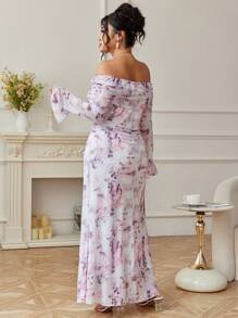 Modelyn Plus Size Women's Mesh Printed Off Shoulder Ruched Spring & Summer Dress, Romantic Style Fall Cloth For Women - Multicolor - View 2