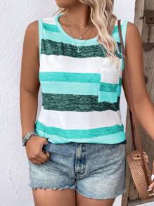 Linhara CURVE Plus Size Women Striped Print Round Neck Sleeveless Loose Knit Tank Top Graphic Tees Women Tops - Baby Blue - View 4