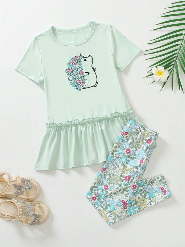 Set de 2 piese tricou cu maneca scurta si pantaloni lungi cu imprimeu floral