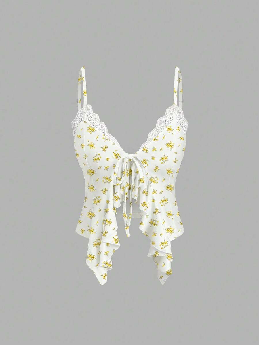 SHEIN Unity 夏季甜美碎花 V 领蕾丝边蝴蝶结吊带女式背心 - 黃色 - 查看 1