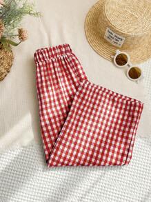SHEIN LMoss Kids LMoss Young Girl Woven Plaid Loose Casual Pants - Red - View 5