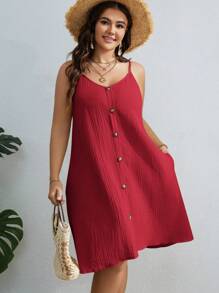 SHEIN VCAY Plus Size Solid Casual Button Front Cami Summer Dress,Sun Dresses For Women - Red - View 4
