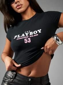 Missguided x Playboy 赛车俱乐部婴儿 T 恤 Y2K 短款上衣修身短袖赛车号码 53 运动俱乐部服装街头服饰夏季节日基本款棉混纺赛车 - 黑色 - 查看 1