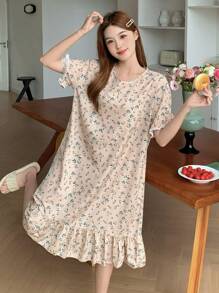 Camisón informal holgado para adolescentes con cuello redondo, encaje y estampado floral menudo