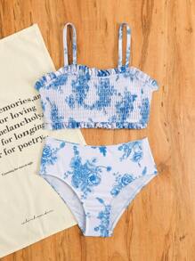 Tween Girls Floral Print Swimsuit Set, Holiday Beach Outfit - Multicolor - View 4