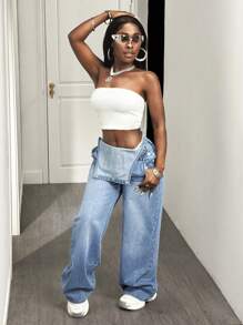 Slaydiva سراويل بيب جينز فضفاضة مغسولة كاجوال للنساء