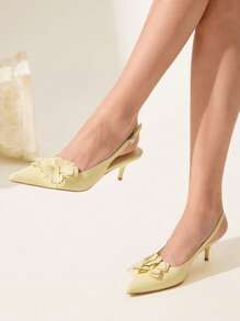 CUCCOO CHICEST Damen elegante Spitzschuh High Heels aus gelbem Kunstleder, romantisches Iris Design, Slingback Stil, passend für Teezeit, Dates, formelle Anlässe, Urlaub