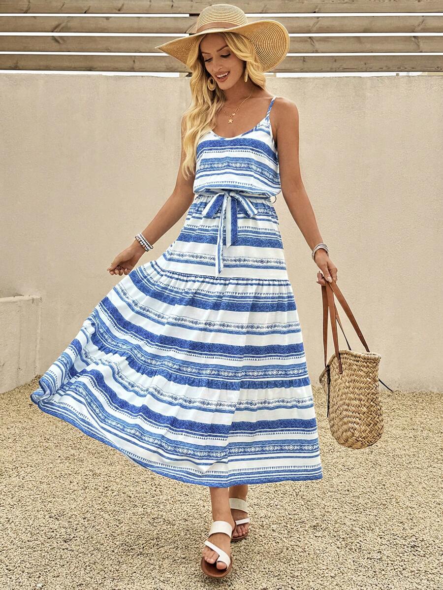 EMERY ROSE Women Summer Vacation Striped Ruffle Hem Spaghetti Strap Bohemian Style Dress - Blue - View 1