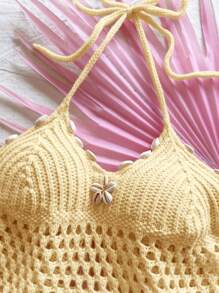 Soleia Women Solid Color Hollow Ruffled Hem Halter Knit Top Suitable For Dates Afternoon Tea Vacations Music Festivals Bohemian Style - Mustard Yellow - View 3