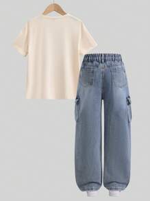 2pcs Set Boys Casual Print T-Shirt And Retro Straight Leg Jeans, School, Campus, College - Apricot - View 2