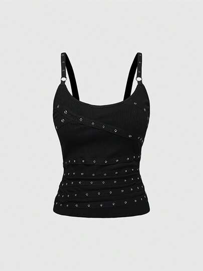 Grunge Punk Kpop Sleeveless Beaded Rhinestone Spaghetti Strap Low-Cut Black Sexy Lady's Vest, Suitable For Summer Beach, Graduation, Easter, Music Festival, Vacation