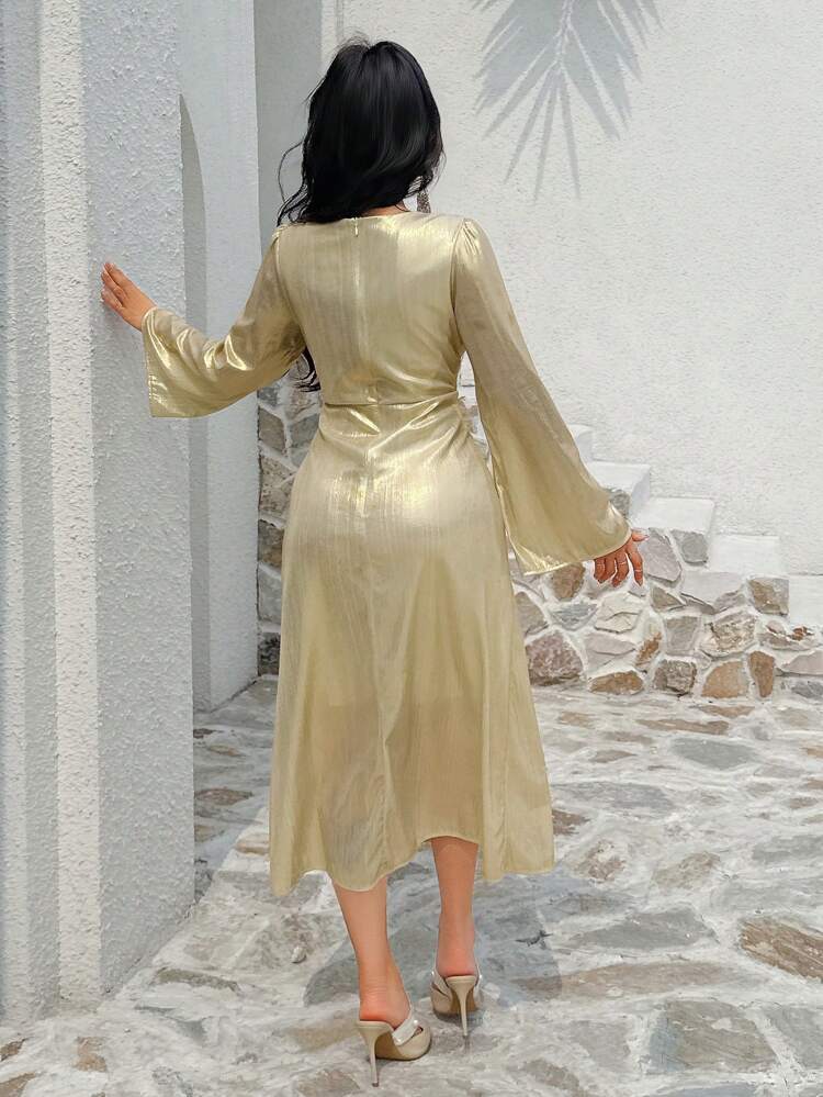 Women Mid-Length Long Sleeve Solid Color Dress, Fashionable For Fall Maxi Dress