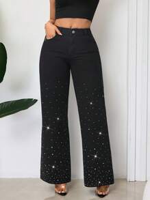 SHEIN SXY Women's Elegant Casual Straight Leg Rhinestone Embellished Jeans - Black - View 3
