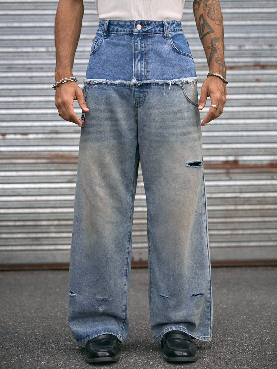 AXEPEAK 男士时尚街头风格拼色阔腿牛仔裤 - 藍色 - 查看 1