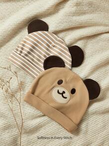 Cozy Pixies 2pcs Set Soft & Comfortable Infant Beanie Hats, Baby Stripe Embroidered Bear Design - Multicolor - View 2
