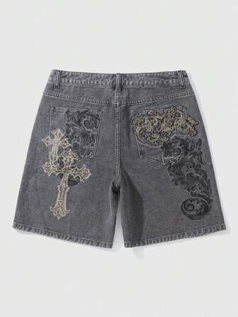 Goth Jeans in denim uomo vintage con ricamo a croce consumato