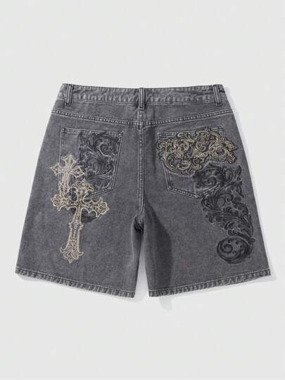 Goth Men's Distressed Vintage Cross Embroidery Denim Jeans