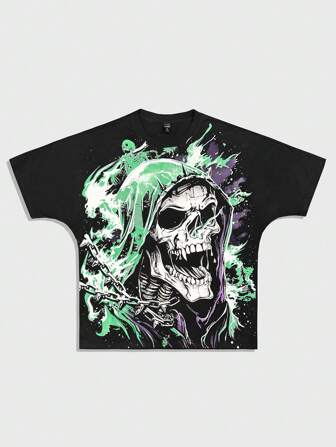 Street Life Maglietta estiva da uomo alla moda con stampa grafica a teschio