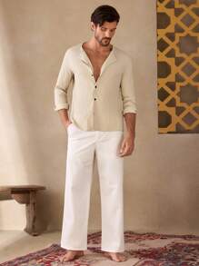 GENTILAND Men's Casual Non-Stretch Woven Solid Color Open Front Long Sleeve Shirt, Suitable For Everyday Wear