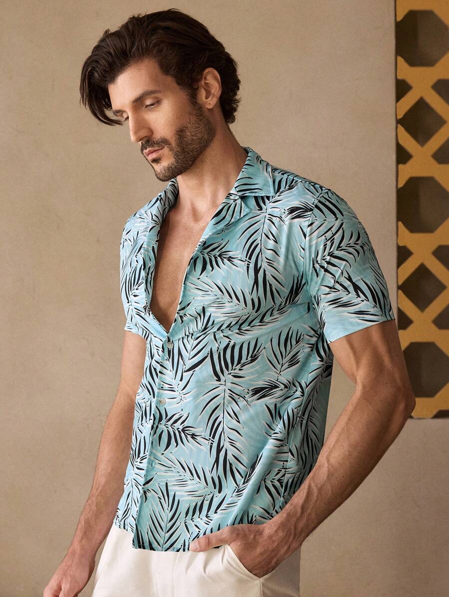 Manfinity ModaGents Camisa casual tejida de manga corta y corte slim con estampado de plantas tropicales para hombre