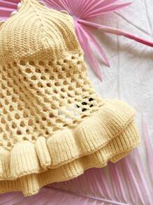 Soleia Women Solid Color Hollow Ruffled Hem Halter Knit Top Suitable For Dates Afternoon Tea Vacations Music Festivals Bohemian Style - Mustard Yellow - View 6