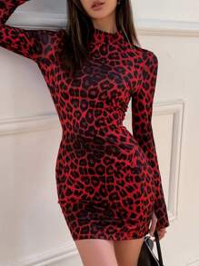 INAWLY Vestido corto de talla grande con contraste de estampado de leopardo y manga larga, vestido ajustado - Rojo - Ver 5