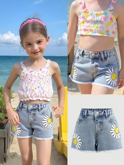 SHEIN Young Girl' 2025 New Blue Denim Shorts With Yellow & White Magritte Flower Pattern