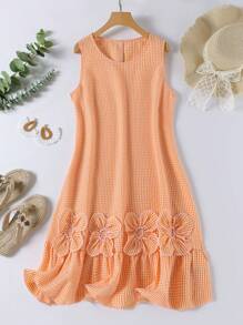 SHEIN LUNE 大码格子印花短袖连衣裙，夏季时尚 - 橘色 - 查看 1