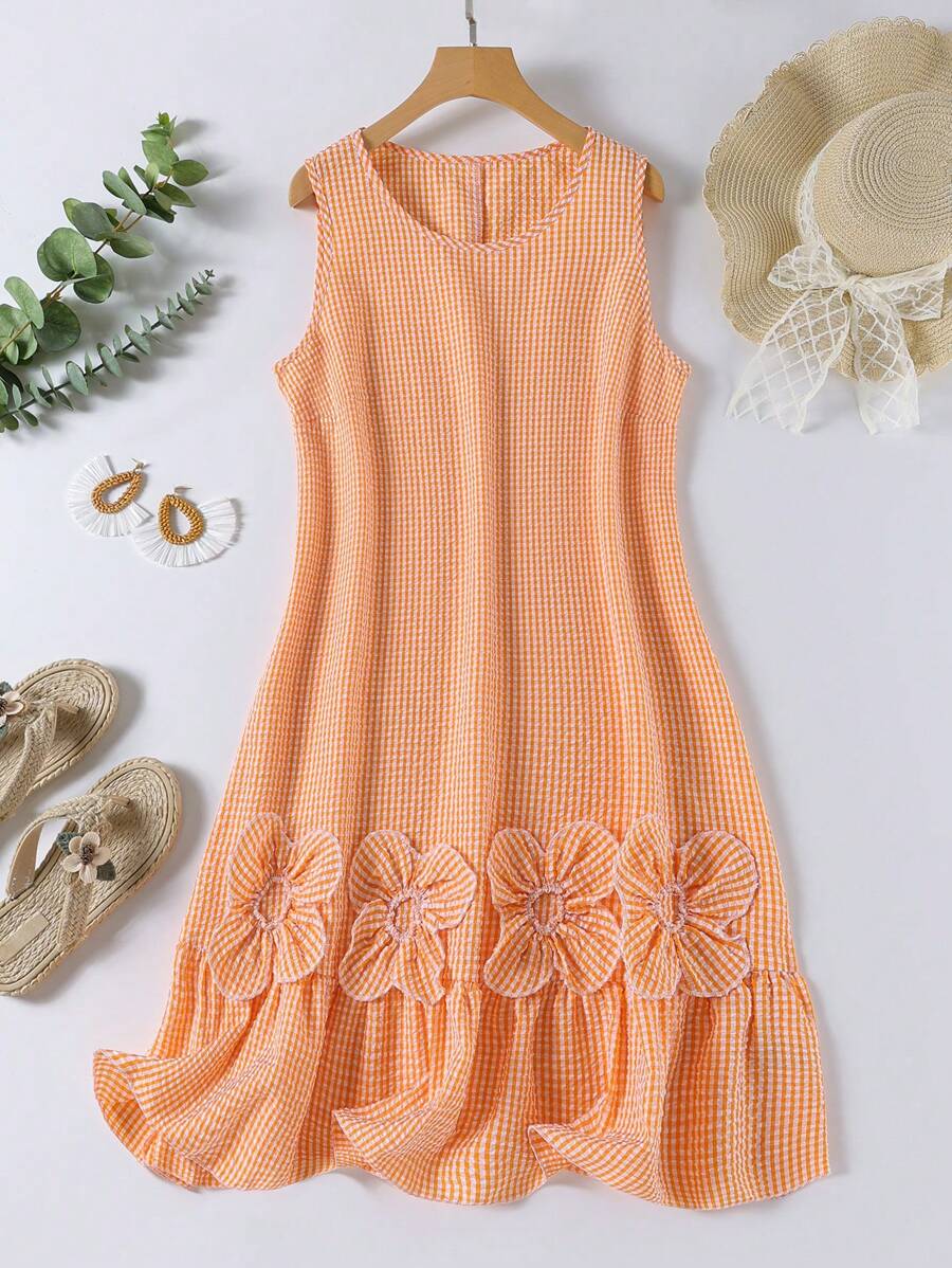 SHEIN LUNE 大码格子印花短袖连衣裙，夏季时尚 - 橘色 - 查看 1