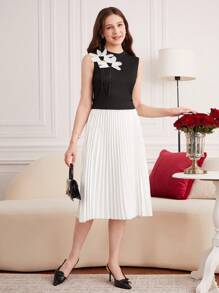 Tween Girls' Handmade Floral Embellished Sleeveless Top And Pleated Mini Skirt Set, Suitable For Holiday, Birthday, Casual, Commuting, School, Travel, Vacation - Black - View 3