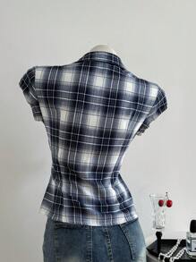 Elamini Women's Plaid Print Ruffle Front Button-Up Slim Fitted Blouse - Multicolor - View 2