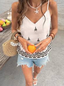 SHEIN Frenchy Women's Geometric Boho Indigo Lace Cami Top, Fashion Holiday Style, Everyday Casual Top Summer Vacation - Beige - View 5