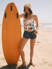 Easelle 2025 Spring And Summer Women Bohemian Style Beach Vacation Island, Women Crochet Floral Woolen Bowknot Decor Hollow Out Knit Top