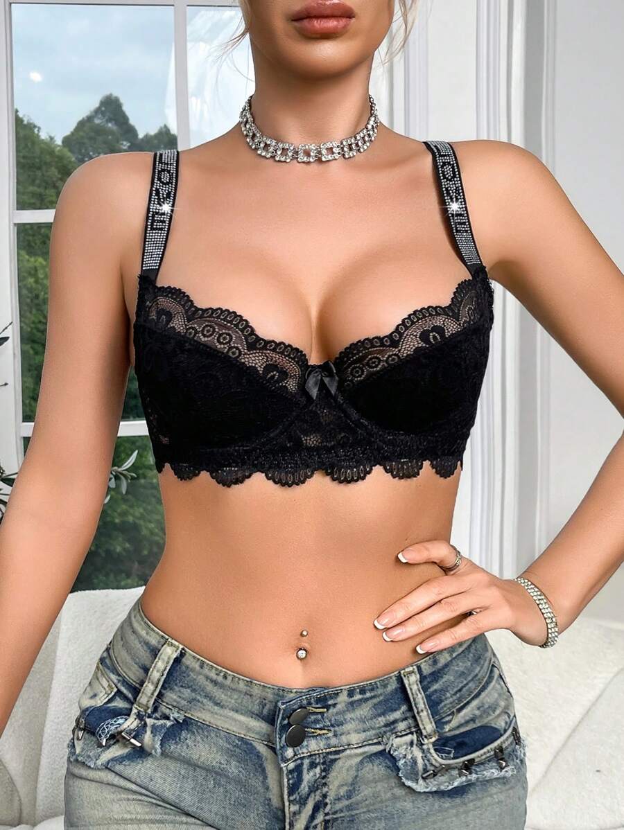 SHEIN 女士时尚性感蕾丝拼布水钻内衣文胸 - 黑色 - 查看 1