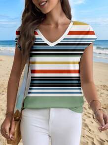 Glamance Maria Clara Maia Camisetas de mujer multicolor de manga corta con cuello en V, estilo informal, teñidas anudadas, conjuntos de verano para mujer, camiseta gráfica para mujeres para salir