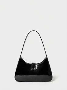 SHECARRY Minimalist Zippered Rhinestone-Embellished Black Shoulder Bag Tote For Commuting - Black - View 5