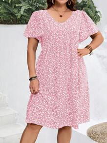 EMERY ROSE Plus Size Women's Summer Ditsy Floral Ruffle Sleeve Holiday Dress,Sun Dresses For Women - Coral Pink - View 6