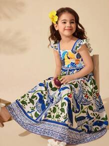 SHEIN 年轻女孩夏季度假花卉印花长袖连衣裙 - 白色 - 查看 1