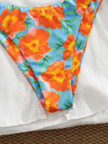 Swim Mod Women's Spring/Summer Beach Floral Print Ribbed Fabric Cute & Sexy Thick Strap High Cut Pants Ladies' Bikini Set - Multicolor - View 6