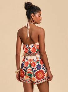 Travachic Damen Blumenmuster Neckholder Romper, Lässig Sommer Urlaub, bedruckter ärmelloser Romper, grafischer Muster Sommer Outfit für Damen, Urlaubs Outfit Frau, Boho Chic, Strand Outfit für Frau, Lässig Frau fließendes Sonnenkleider Boho Damenmode, Tropische Outfits Frauen, Abschlussoutfit, Old Money Stil Frauen, Sommer Sonnenkleid, Schleife an den Schulterträgern