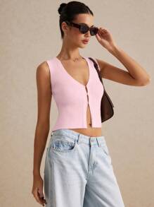 Poéselle Women's Casual Solid Color Knitted Vest For Summer - Baby Pink - View 2